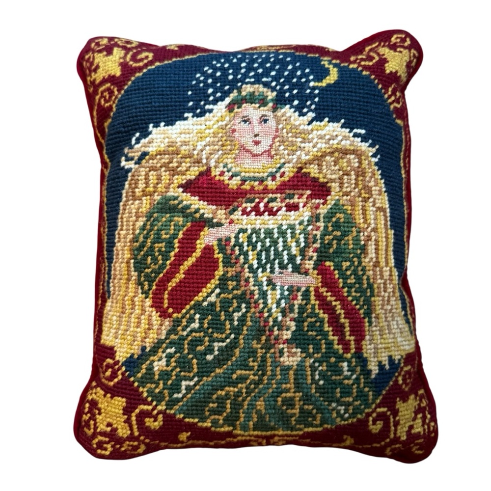 Christmas Needlepoint Accent Pillow 9.5”x11.5” Angel Victorian Velvet Back